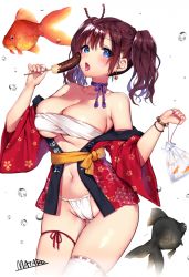 Rule 34 | 1girl, artist name, bare shoulders, bell, bell earrings, blush, breasts, cameltoe, chest sarashi, chocolate banana, choker, cleavage, collarbone, cowboy shot, earrings, fading, fish, food, fundoshi, gluteal fold, goldfish, groin, hair between eyes, happi, holding, holding food, japanese clothes, jewelry, jingle bell, large breasts, leg ribbon, looking at viewer, mataro (matarou), medium hair, nail polish, navel, off shoulder, original, pink nails, purple hair, red happi, red ribbon, ribbon, ribbon-trimmed legwear, ribbon trim, sarashi, shiny skin, sidelocks, single thighhigh, skindentation, solo, stomach, thighhighs, twintails, white thighhighs, wide sleeves