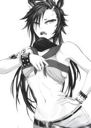 Rule 34 | 1girl, absurdres, air shakur (umamusume), animal ears, armpits, bare shoulders, belt, black hair, breasts, chain, clothes lift, collar, collarbone, commentary request, cowboy shot, ear ornament, eyebrow piercing, greyscale, hair between eyes, hand on own hip, highres, horse ears, horse girl, jewelry, lifting own clothes, long hair, looking at viewer, monochrome, multiple rings, navel, o-ring, o-ring belt, open mouth, piercing, rihua (shichangcwy), ring, sailor collar, sharp teeth, shirt, shirt lift, short shorts, shorts, shoulder tattoo, sidelocks, simple background, sleeveless, sleeveless shirt, small breasts, solo, standing, stomach, studded bracelet, tattoo, teeth, umamusume, underboob, white background