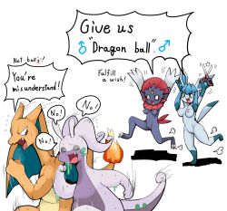 Rule 34 | 2boys, 2girls, :3, @ @, animal ears, animal hands, antennae, arms up, blank eyes, blue eyes, blush, breasts, charizard, claws, creatures (company), dragon, english text, engrish text, fang, fangs, fire, flying sweatdrops, full body, furry, game freak, gen 1 pokemon, gen 4 pokemon, gen 6 pokemon, glaceon, goodra, highres, holding, horns, medium breasts, motion lines, multiple boys, multiple girls, multiple tails, nintendo, nipples, nude, open mouth, pokemon, pokemon (creature), pussy, ranguage, red eyes, ruishin, running, scissors, sharp teeth, simple background, small breasts, smile, speech bubble, standing, sweat, tail, talking, teeth, text focus, two tails, uncensored, weavile, white background, white eyes, wings