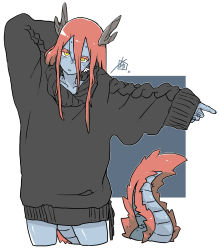 Rule 34 | 1girl, animal ear fluff, animal ears, antlers, aran sweater, arm behind head, arm up, baggy clothes, black sweater, blue background, blue nails, blue scales, blue skin, cable knit, chiwa (fcwv5738), colored eyelashes, colored skin, cowboy shot, dragon girl, dragon tail, full body, hair between eyes, hand up, highres, horns, long hair, long sleeves, looking at viewer, monster girl, nail polish, original, oversized clothes, red fur, red hair, scales, signature, simple background, solo, sweater, tail, white background, yellow eyes