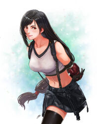 Rule 34 | 1girl, adam ryu ford, arm guards, arms behind back, bare shoulders, bent over, black hair, black skirt, black sports bra, black thighhighs, breasts, closed mouth, collarbone, commentary, cowboy shot, crop top, earrings, english commentary, final fantasy, final fantasy vii, final fantasy vii remake, highres, jewelry, large breasts, light blush, lips, long hair, looking at viewer, low-tied long hair, midriff, navel, red eyes, signature, single earring, single sidelock, skirt, smile, solo, sports bra, suspender skirt, suspenders, swept bangs, tank top, teardrop earring, thighhighs, tifa lockhart, white tank top, zettai ryouiki