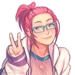Rule 34 | 1girl, alternate hairstyle, annie mei, annie mei project, bespectacled, blue-framed eyewear, caleb thomas, casual, glasses, green eyes, jacket, jewelry, long hair, necklace, pink hair, ponytail, sleeves past wrists, smile, solo, upper body, v