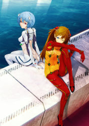 Rule 34 | 00s, 2girls, ass, ayanami rei, back-to-back, blue eyes, blue hair, bodysuit, breasts, butt crack, covered erect nipples, highres, long hair, multicolored clothes, multiple girls, neon genesis evangelion, one eye closed, orange hair, plugsuit, rebuild of evangelion, red eyes, red hair, redjuice, resolution mismatch, short hair, sitting, small breasts, source larger, souryuu asuka langley, test plugsuit, water, wink