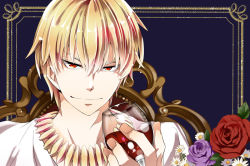 Rule 34 | 1boy, alcohol, blonde hair, cup, drinking glass, evil smile, fate/zero, fate (series), flower, gilgamesh (fate), ichitaka, jewelry, male focus, necklace, official alternate costume, portrait, red eyes, smile, solo, wine, wine glass