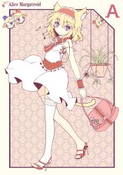 Rule 34 | 1girl, alice margatroid, alternate costume, animal ears, bag, blonde hair, blue eyes, buttons, cat ears, cat girl, contemporary, cross, digital media player, earbuds, earphones, fairy, female focus, handbag, high heel sandals, high heels, highres, hourai doll, ideolo, ipod, kemonomimi mode, kirisame marisa, musical note, open shoes, patchouli knowledge, sandals, shanghai doll, shoes, solo, tail, thighhighs, touhou