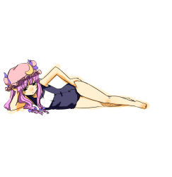Rule 34 | 1girl, crescent, female focus, hand on own hip, hat, hip focus, hota, long hair, lying, on side, one-piece swimsuit, patchouli knowledge, pink hair, ribbon, school swimsuit, sketch, solo, swimsuit, touhou, white background