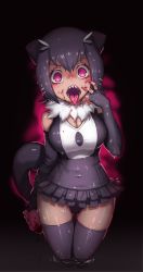 Rule 34 | 10s, 1girl, animal ears, black background, blood, blood on face, borrowed character, breasts, commentary request, covered navel, elbow gloves, fictional persona, fingerless gloves, food, fur collar, giant otter (kemono friends) (kuro (kurojill)), gloves, gluteal fold, grey gloves, grey hair, grey thighhighs, hand on own face, highres, kemono friends, looking at viewer, medium breasts, one-piece swimsuit, open mouth, original, otter ears, otter tail, pink eyes, saliva, sharp teeth, short hair, simple background, solo, sseli, swimsuit, tail, teeth, thigh gap, thighhighs, tongue, tongue out, water drop