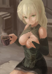 Rule 34 | 1boy, 1girl, :q, bare shoulders, between breasts, blonde hair, breastless clothes, breasts, cleavage, cleavage cutout, clothing cutout, coffee, cup, dress, femdom, giant, giantess, grabbing, grabbing another&#039;s breast, green eyes, hair between eyes, hetero, highres, long hair, microdress, mini person, miniboy, no bra, person between breasts, sitting, size difference, skirt, smile, tongue, tongue out, upper body, uru (uru0000)