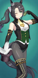 Rule 34 | 1girl, adapted costume, animal ears, aqua background, ascot, bare shoulders, bird, black footwear, black gloves, black hair, black leotard, black pantyhose, boots, card, closed mouth, commentary request, dove, ear ornament, elbow gloves, feet out of frame, fuji noriho, gloves, green eyes, hair between eyes, hat, highleg, highleg leotard, highres, holding, holding card, holding clothes, holding hat, horse ears, horse girl, horse tail, leotard, long hair, multicolored hair, nontraditional miko, nontraditional playboy bunny, pantyhose, playing card, satono crown (umamusume), side ponytail, small bed, smile, solo, streaked hair, tail, thigh boots, umamusume, white hair, yellow ascot