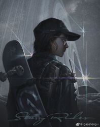 Rule 34 | 1boy, baseball cap, black eyes, black hat, black jacket, black sleeves, brown hair, chinese commentary, closed mouth, cloud, commentary request, english text, expressionless, from behind, gao sheng, glasses, grey-framed eyewear, grey sky, hat, highres, jacket, leather, leather jacket, long sleeves, looking to the side, male focus, night, original, outdoors, realistic, short hair, skateboard, sky, solo, star (sky), streetwear, upper body, watermark, weibo logo, weibo username