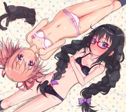Rule 34 | 10s, 2girls, akemi homura, amy (madoka magica), black bra, black hair, black panties, blush, bow, bow bra, bow panties, bra, braid, commentary request, embarrassed, from above, full-face blush, glasses, hair ribbon, highres, k10k, kaname madoka, lace, lace-trimmed bra, lace trim, lingerie, long hair, looking at viewer, lying, mahou shoujo madoka magica, mahou shoujo madoka magica (anime), mahou shoujo madoka magica movie 1 &amp; 2, multiple girls, navel, on back, panties, pink eyes, pink hair, purple eyes, red-framed eyewear, ribbon, smile, twin braids, twintails, underwear, underwear only, white bra, white panties