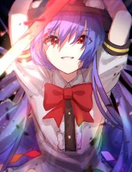 Rule 34 | 1girl, arms up, black background, black hat, blouse, blue hair, bow, closed mouth, collar, eyes visible through hair, food, fruit, hair between eyes, hands up, hat, highres, hinanawi tenshi, leaf, light, long hair, looking at viewer, mozuno (mozya 7), one-hour drawing challenge, peach, rainbow, red bow, red eyes, red neckwear, shadow, shirt, short sleeves, simple background, smile, solo, sword, teeth, touhou, weapon, white shirt, white sleeves