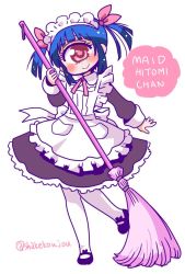Rule 34 | 1girl, alternate costume, apron, black dress, black footwear, blue hair, blush, broom, closed mouth, collared shirt, cyclops, dress, enmaided, full body, head tilt, hitomi sensei no hokenshitsu, holding, holding broom, looking at viewer, maid, maid apron, maid headdress, manaka hitomi, one-eyed, pantyhose, pink eyes, shake-o, shirt, shoes, simple background, smile, solo, standing, standing on one leg, star-shaped pupils, star (symbol), symbol-shaped pupils, twintails, twitter username, white background, white pantyhose