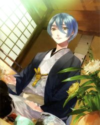 Rule 34 | 1boy, blue hair, bowl, brown eyes, chrysanthemum, flower, japanese clothes, kanakubo homare, kimono, light, male focus, sitting, smile, solo, starry sky (game), yukata