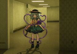Rule 34 | 1girl, absurdres, backrooms (creepypasta), black footwear, black hat, blood, blood on clothes, blood on face, bloody weapon, boots, buttons, closed mouth, collared shirt, diamond button, frilled skirt, frills, green eyes, green hair, green skirt, hair between eyes, hat, hat ribbon, heart, heart of string, highres, holding, holding knife, knife, komeiji koishi, qiu ju, ribbon, shadow, shirt, short hair, skirt, sleeves past fingers, sleeves past wrists, smile, solo, standing, third eye, touhou, weapon, wide sleeves, yellow ribbon, yellow shirt