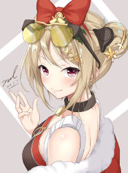 Rule 34 | 1girl, blush, breasts, choker, dated, double bun, eyewear on head, from side, fur trim, girls&#039; frontline, hair bun, hair ornament, hairband, hand up, jacket, looking at viewer, medium breasts, off shoulder, official alternate costume, p90 (girls&#039; frontline), p90 (scarlet turbo) (girls&#039; frontline), red eyes, signature, smile, solo, sunglasses, sunglasses on head, twitter username, unel