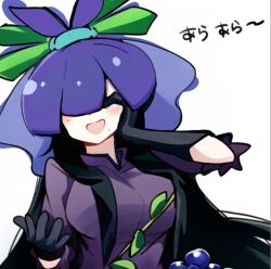 Rule 34 | 1girl, :d, ara ara, black gloves, black hair, blush, breasts, closed eyes, commentary request, dress, elbow gloves, flower, flower on head, food, fruit, gloves, grapes, hand on own cheek, hand on own face, large breasts, long hair, open mouth, print dress, purple dress, purple flower, shinkonet, short sleeves, sidelocks, simple background, smile, solo, touhou, unfinished dream of all living ghost, upper body, vine print, white background, yomotsu hisami