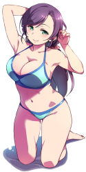 Rule 34 | 1girl, aqua bikini, arm behind head, barefoot, bikini, breasts, duke (inu daimyou), fingernails, full body, green eyes, hair ornament, hair scrunchie, kneeling, large breasts, long hair, looking at viewer, love live!, love live! school idol project, low twintails, nail polish, navel, parted bangs, pink nails, purple hair, red scrunchie, scrunchie, simple background, smile, solo, swimsuit, tojo nozomi, twintails, white background