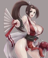 Rule 34 | 1girl, bare shoulders, breasts, brown eyes, brown hair, cleavage, dtcy, hand fan, fatal fury, folding fan, hip focus, japanese clothes, large breasts, long hair, open mouth, panties, pelvic curtain, ponytail, revealing clothes, shiranui mai, side slit, snk, solo, the king of fighters, underwear, wide hips