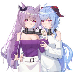 Rule 34 | 2girls, ahoge, bag, blue hair, bow, breasts, cleavage, cone hair bun, cup, diamond-shaped pupils, diamond (shape), disposable cup, drinking, drinking straw, ganyu (genshin impact), genshin impact, goat horns, hair bow, hair bun, hand on another&#039;s hip, high-waist skirt, highres, horns, ironmarch, keqing (genshin impact), keqing (lantern rite) (genshin impact), long hair, looking at viewer, medium breasts, multiple girls, off-shoulder shirt, off-shoulder sweater, off shoulder, official alternate costume, plaid, plaid scarf, purple eyes, purple hair, purple sweater, scarf, shared clothes, shared scarf, shirt, shoulder bag, skirt, smile, sweater, symbol-shaped pupils, twintails, white background, white shirt, white skirt, yuri