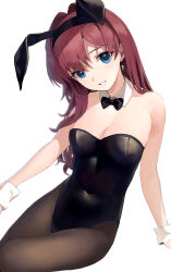 Rule 34 | 1girl, absurdres, animal ears, black bow, black bowtie, black leotard, blue eyes, bow, bowtie, breasts, brown hair, cleavage, covered navel, detached collar, hair intakes, head tilt, highres, ichinose shiki, idolmaster, idolmaster cinderella girls, idolmaster cinderella girls starlight stage, kirarin369, leotard, long hair, looking at viewer, medium breasts, pantyhose, parted lips, playboy bunny, rabbit ears, rabbit tail, simple background, sitting, smile, solo, strapless, strapless leotard, tail, white background, wrist cuffs