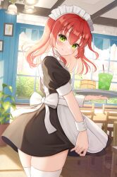 Rule 34 | 1girl, absurdres, apron, black dress, blush, bocchi the rock!, closed mouth, commentary request, cup, dress, drinking glass, drinking straw, food, green eyes, highres, holding, holding tray, ice, ice cube, indoors, kita ikuyo, long hair, looking at viewer, looking to the side, maid, maid apron, maid headdress, short dress, short sleeves, sidelocks, smile, solo, thighhighs, tray, white thighhighs, white wrist cuffs, wrist cuffs, yukiunag1