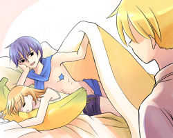Rule 34 | 1girl, 2boys, bad id, bad pixiv id, banana, beckoning, blonde hair, blue scarf, come hither, food, fruit, holding, holding food, holding fruit, kagamine len, kagamine rin, kaito (vocaloid), multiple boys, natsukijia, hugging object, on banana, pasties, pillow, pillow hug, purple hair, scarf, sleeping, under covers, vocaloid