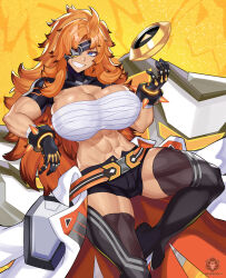 Rule 34 | 1girl, abs, absurdres, artist logo, artist name, asher (omega strikers), black gloves, black hair, black shorts, black thighhighs, blue eyes, breasts, chest sarashi, cleavage, coat, coat around waist, colored tips, commentary, eyepatch, gloves, grin, highres, large breasts, long hair, looking at viewer, multicolored hair, muscular, muscular female, navel, nez-box, omega strikers, orange hair, paid reward available, parted bangs, sarashi, shield module, short shorts, shorts, shrug (clothing), sidelocks, skindentation, smile, solo, standing, standing on one leg, stomach, teeth, thighhighs, two-tone hair, white coat, yellow background