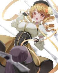 Rule 34 | 1girl, absurdres, black footwear, black gloves, blonde hair, blurry, blush, boots, breasts, brown skirt, corset, depth of field, detached sleeves, drill hair, dutch angle, fingerless gloves, gloves, gun, highres, knee boots, large breasts, looking at viewer, magical musket, mahou shoujo madoka magica, mahou shoujo madoka magica (anime), rerendi, ribbon, skirt, smile, solo, striped clothes, striped thighhighs, teeth, thighhighs, thighs, tomoe mami, upper teeth only, vertical-striped clothes, vertical-striped thighhighs, weapon, white background