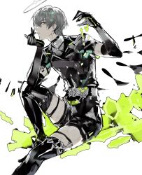 Rule 34 | 1boy, arene (arknights), arknights, belt, black choker, black footwear, black gloves, black jacket, black shorts, boots, buttons, choker, closed mouth, elbow gloves, gloves, green eyes, grey hair, halo, hexagon, highres, jacket, looking at viewer, male focus, remsrar, short sleeves, shorts, sitting, solo, thigh boots, thigh strap, white background, white belt