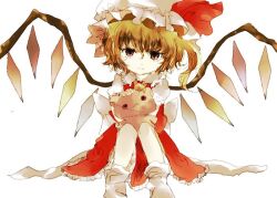 Rule 34 | 1girl, back bow, blonde hair, bow, closed mouth, collared shirt, feet out of frame, flandre scarlet, frilled shirt collar, frilled skirt, frilled sleeves, frills, hair between eyes, head tilt, holding, holding stuffed toy, large bow, looking at viewer, medium hair, minako (gazekura), one side up, puffy short sleeves, puffy sleeves, red bow, red eyes, red skirt, red vest, shirt, short sleeves, simple background, sitting, skirt, socks, solo, stuffed toy, touhou, vest, white background, white bow, white headwear, white shirt, white socks, wings