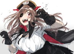 Rule 34 | 1girl, :d, black gloves, black ribbon, blush, breasts, brown hair, claw pose, diagonal bangs, eyepatch, gloves, hands up, hanetsuka, hat, highres, idolmaster, idolmaster shiny colors, large breasts, long hair, looking at viewer, open mouth, pink eyes, pirate, pirate costume, pirate hat, ribbon, shirt, simple background, smile, solo, swept bangs, teeth, tongue, translation request, tsukioka kogane, upper body, white shirt