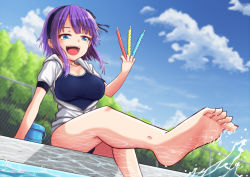 Rule 34 | 10s, 1girl, :d, arm support, barefoot, blue eyes, blurry, breasts, bucket, caustics, cloud, dagashi kashi, day, depth of field, feet, foreshortening, hairband, holding, hood, hoodie, large breasts, mizunashi hayate, nail polish, one-piece swimsuit, open mouth, poolside, purple hair, red nails, shidare hotaru, short hair, sitting, sky, smile, soaking feet, soles, solo, splashing, swimsuit, toenail polish, toenails, toes, water