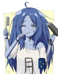 Rule 34 | 1girl, ahoge, aqua eyes, blue hair, blue skin, blush, breasts, brushing teeth, colored skin, commentary, cracked skin, cup, dated, elden ring, english commentary, extra arms, hair brush, hair dryer, highres, holding, holding cup, holding hair brush, long hair, looking at viewer, medium breasts, messy hair, no headwear, one eye closed, ranni the witch, shirt, short sleeves, signature, simple background, single bare shoulder, single off shoulder, solo, t-shirt, thundradrawings, upper body, very long hair, white shirt