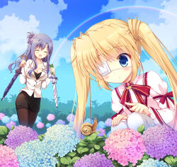 Rule 34 | 2girls, :d, ^ ^, after rain, black pantyhose, black skirt, blonde hair, blue eyes, blue flower, blue hair, blue sky, blush, breasts, cleavage, closed eyes, cloud, collarbone, colored eyelashes, commentary request, curious, day, eyepatch, eyes visible through hair, flower, frilled sleeves, frills, garden, hair between eyes, half updo, hands up, highres, holding, holding umbrella, index finger raised, jacket, juliet sleeves, kazamatsuri institute high school uniform, kneeling, large breasts, long hair, long sleeves, looking at animal, miniskirt, multiple girls, nakatsu shizuru, nishikujou touka, one eye covered, open mouth, outdoors, pantyhose, parted lips, pencil skirt, pink flower, pointing, pointing at another, pokopi, puffy sleeves, purple flower, rainbow, red ribbon, rewrite, ribbon, ribbon-trimmed sleeves, ribbon trim, school uniform, second-party source, sidelocks, skirt, sky, smile, snail, straight hair, twintails, umbrella, very long hair, water drop, wavy hair, white jacket, white pantyhose, wide sleeves