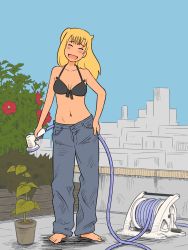 Rule 34 | 1girl, :d, afunai, barefoot, black bra, blonde hair, bra, casual clothes, denim, gyaru, high school girls, highres, hose, hose nozzle, jeans, mob face, navel, open mouth, pants, plant, rooftop, smile, tagme, underwear