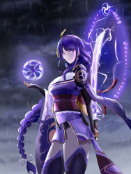 Rule 34 | 1girl, absurdres, arm behind back, black gloves, braid, closed mouth, dido (magicc), elbow gloves, feet out of frame, genshin impact, gloves, hair ornament, hairclip, highres, holding, holding sword, holding weapon, japanese clothes, jewelry, kimono, long hair, looking at viewer, low-braided long hair, low-tied long hair, purple eyes, purple hair, raiden shogun, rain, ring, solo, standing, sword, water drop, weapon