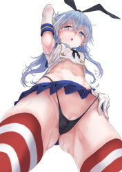 Rule 34 | 1girl, alternate costume, armpits, ass, black panties, blue eyes, blue skirt, blush, breasts, cameltoe, collarbone, commentary request, cosplay, crop top, elbow gloves, from below, gloves, hair between eyes, hairband, hand on own hip, hibiki (kancolle), highleg, highleg panties, kantai collection, long hair, looking at viewer, microskirt, miniskirt, navel, neckerchief, open mouth, panties, panty pull, partially visible vulva, sailor collar, school uniform, serafuku, shimakaze (kancolle), shimakaze (kancolle) (cosplay), silver hair, simple background, skirt, small breasts, solo, standing, striped clothes, striped thighhighs, thighhighs, thong, underwear, white background, white gloves, yukiguni yuu
