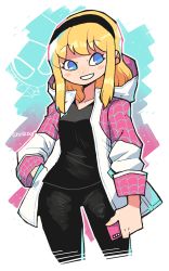 Rule 34 | 1girl, absurdres, adapted costume, alternate costume, black pants, black shirt, blonde hair, blue eyes, casual, cellphone, gwen stacy, highres, hood, jacket, long hair, marvel, multicolored clothes, multicolored jacket, pants, phone, rariatto (ganguri), shirt, silk, smartphone, smile, spider-gwen, spider-man (series), spider web, spider web print, two-tone jacket, white jacket
