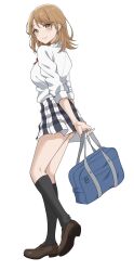 Rule 34 | 1girl, ass, bag, black socks, brown hair, closed mouth, collared shirt, full body, highres, isshiki iroha, kneehighs, light (lightpicture33), loafers, looking at viewer, medium hair, neck ribbon, plaid, plaid skirt, pleated skirt, red ribbon, ribbon, school bag, school uniform, shirt, shoes, simple background, skirt, sobu high school uniform, socks, solo, thighs, upskirt, white background, white shirt, yahari ore no seishun lovecome wa machigatteiru., yellow eyes