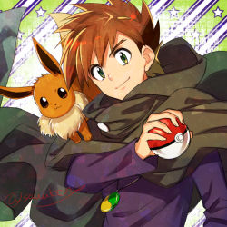 Rule 34 | 1boy, brown hair, cloak, closed mouth, commentary request, creatures (company), eevee, game freak, gary oak, gen 1 pokemon, green eyes, holding, holding poke ball, kanimaru, long sleeves, looking at viewer, male focus, nintendo, poke ball, poke ball (basic), pokemon, pokemon (anime), pokemon (classic anime), pokemon (creature), purple shirt, shirt, short hair, smile, spiked hair, star (symbol)