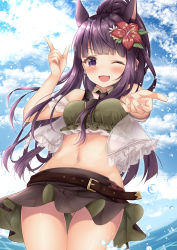 Rule 34 | 1girl, animal ear fluff, animal ears, bare shoulders, belt, black necktie, blush, breasts, cloud, cloudy sky, day, flower, gluteal fold, green skirt, hair flower, hair ornament, hand up, hibiscus, high ponytail, highres, kasumi (princess connect!), kasumi (summer) (princess connect!), medium breasts, miniskirt, navel, necktie, ocean, one eye closed, open mouth, outdoors, outstretched arm, princess connect!, purple eyes, purple hair, red flower, rumiko (rmeco), see-through, skirt, sky, smile, solo, standing, thigh gap, thighs, v-shaped eyebrows, wading, water, wind, wind lift