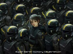 Rule 34 | 1girl, 6+others, armor, black cape, black gloves, black hair, breastplate, brown eyes, cape, clenched hand, commentary, english commentary, english text, gloves, hair bun, helldiver (helldivers), helldivers (series), helmet, highres, holding, holding helmet, looking at viewer, multiple others, odd one out, salute, short hair, single hair bun, solo focus, unworn headwear, unworn helmet, xianggang jizhe