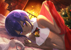 Rule 34 | 1girl, announ (kurotya), bare shoulders, bauble, bell, blanket, blush, box, breasts, carpet, christmas, christmas ornaments, commentary request, crop top, crop top overhang, dark-skinned female, dark skin, dutch angle, fate/grand order, fate (series), fire, fireplace, gift, gift box, hassan of serenity (fate), hassan of serenity (merry sheep) (fate), highres, indoors, looking at viewer, lying, medium breasts, navel, on floor, on side, parted lips, purple eyes, purple hair, red ribbon, ribbon, short hair, smile, solo, sparkle, under covers, underboob