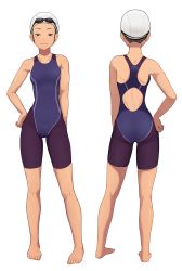 Rule 34 | 1girl, absurdres, back cutout, barefoot, black hair, breasts, closed mouth, clothing cutout, collarbone, commentary request, competition swimsuit, goggles, goggles on headwear, half-closed eyes, hand on own hip, highres, knees, multiple views, one-piece swimsuit, original, putcher, shoulder blades, swim cap, swimsuit, toes, white headwear