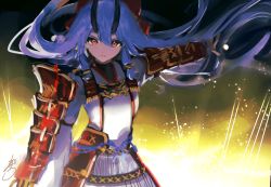 1girl absurdres armor closed_mouth fate/grand_order fate_(series) floating_hair highres hoojiro horns japanese_armor kusazuri long_hair looking_at_viewer oni oni_horns outstretched_arms purple_hair red_eyes signature solo spread_arms standing tomoe_gozen_(fate) very_long_hair