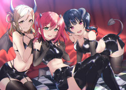 Rule 34 | 3girls, all fours, bare shoulders, blonde hair, blue hair, breasts, closed mouth, commentary request, demon girl, detached sleeves, elbow gloves, garter straps, gloves, highres, horns, kurosawa ruby, large breasts, latex, looking at viewer, love live!, love live! sunshine!!, medium breasts, multiple girls, ohara mari, open mouth, red hair, short shorts, shorts, small breasts, tail, thighhighs, tsushima yoshiko, wings, yamaori (yamaorimon)