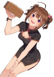 Rule 34 | 1girl, ahoge, alternate hairstyle, bamboo steamer, baozi, black dress, black ribbon, bracelet, brown hair, china dress, chinese clothes, cleavage cutout, clothing cutout, commentary, double bun, dress, flower, food, hair bun, hair flower, hair ornament, hand on own knee, holding, idolmaster, idolmaster million live!, jewelry, kamille (vcx68), leaning forward, looking at viewer, open mouth, purple eyes, ribbon, short dress, short hair, short sleeves, side slit, sidelocks, simple background, smile, solo, standing, white background, wrist ribbon, yokoyama nao
