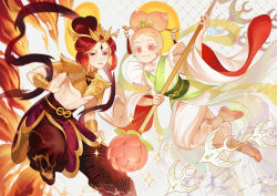 Rule 34 | 1boy, 1girl, blush, brother and sister, chinese clothes, closed mouth, colored eyelashes, cookie run, double bun, fish, flower, hair bun, highres, holding, holding weapon, looking at viewer, lotus, patterned background, peach cookie, pectorals, pelvic curtain, personification, pink hair, plum cookie, red eyes, red hair, siblings, smile, topless male, ultracat, weapon