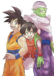 Rule 34 | 1girl, 2boys, :d, ^ ^, bad id, bad twitter id, black hair, blush, cape, closed eyes, dougi, dragon ball, dragonball z, fingernails, floating, full body, grandfather and granddaughter, happy, locked arms, looking at another, looking up, multiple boys, nervous, open mouth, pan (dragon ball), piccolo, pointy ears, red eyes, short hair, simple background, smile, son goku, spiked hair, standing, sweatdrop, teeth, turban, upper body, white background, wristband